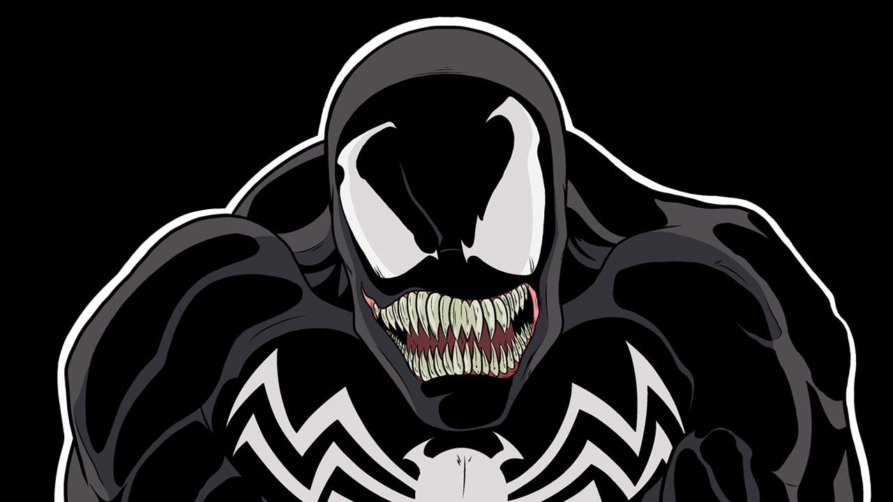 Venom disegnato in primo piano, su sfondo nero.